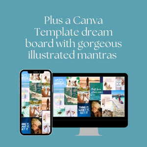 Manifest it bundle by Noharanda including 15 phone wallpapers with quotes and gorgeous illustrations, Canva Templates for Dream Board